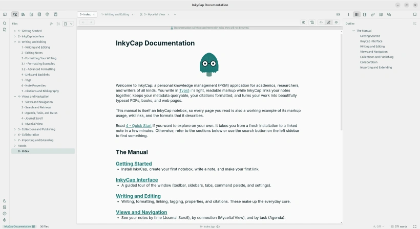 Screenshot of InkyCap application with its user manual open.